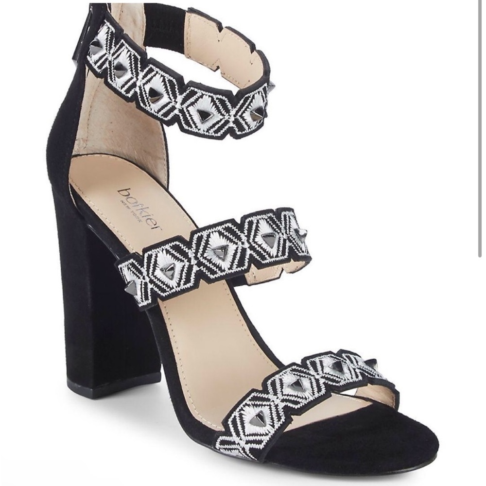 Botkier NY Women’s Embroidered Studded Black Faux‎ Gigi Sandal Heeled Geometric